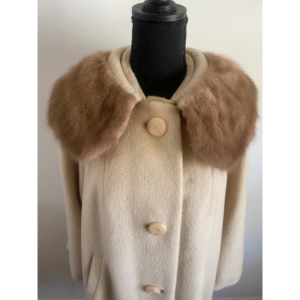 Vintage Cream Wool Coat Real Mink Fur Collar Mid-Century Modern Button Front L - Picture 7 of 16